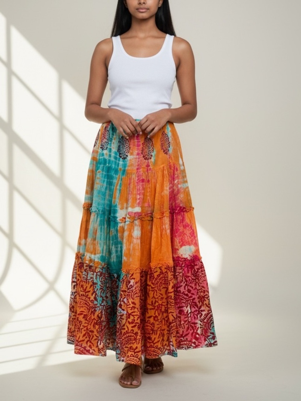 NEW Bohemian Tie-Dye Orange Tiered Midi Skirt SMALL Festival Casual Rustic